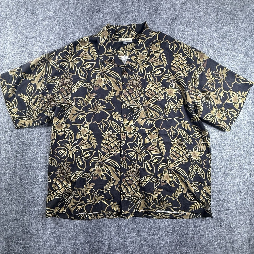 Tommy Bahama 100% Silk Hawaiian Shirt Mens XXL Black Gold Pineapple Aloha